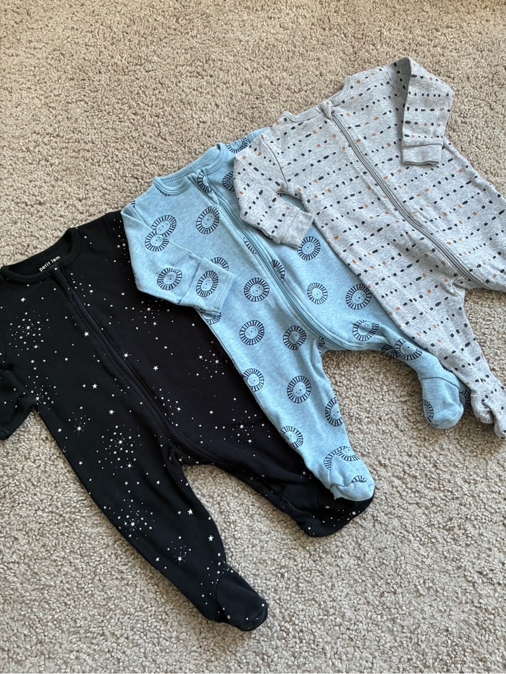 Petit Lem 3-Pack Footed One-Pieces in Black, Light Blue, and Light Gray